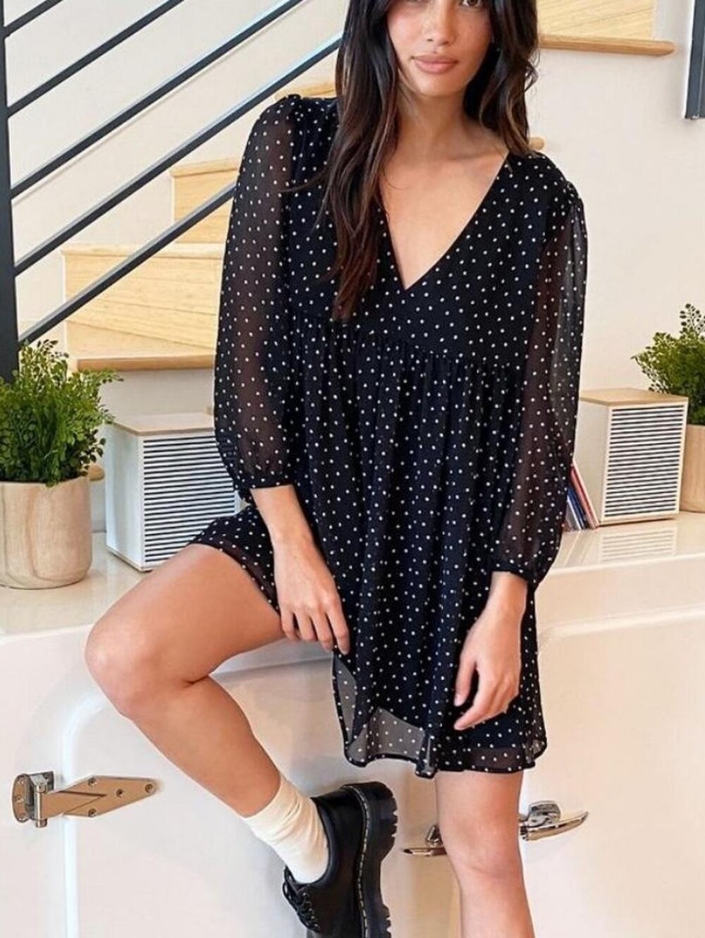 Aritzia Sunday Best Fete Polka Dot Babydoll V Neck Mini Dress Sheer Sleeve S